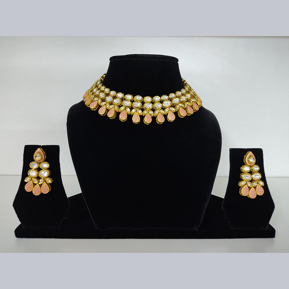 Tarangavi Pink Matte Kundan Gold Plated  Choker Necklace Set