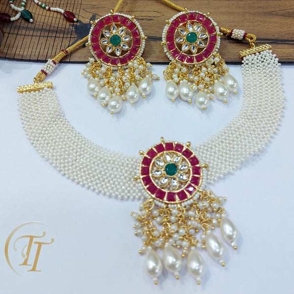 Tip Top Jew Ahmedabad Gold Plated Rubby & Green Stone Necklace Set