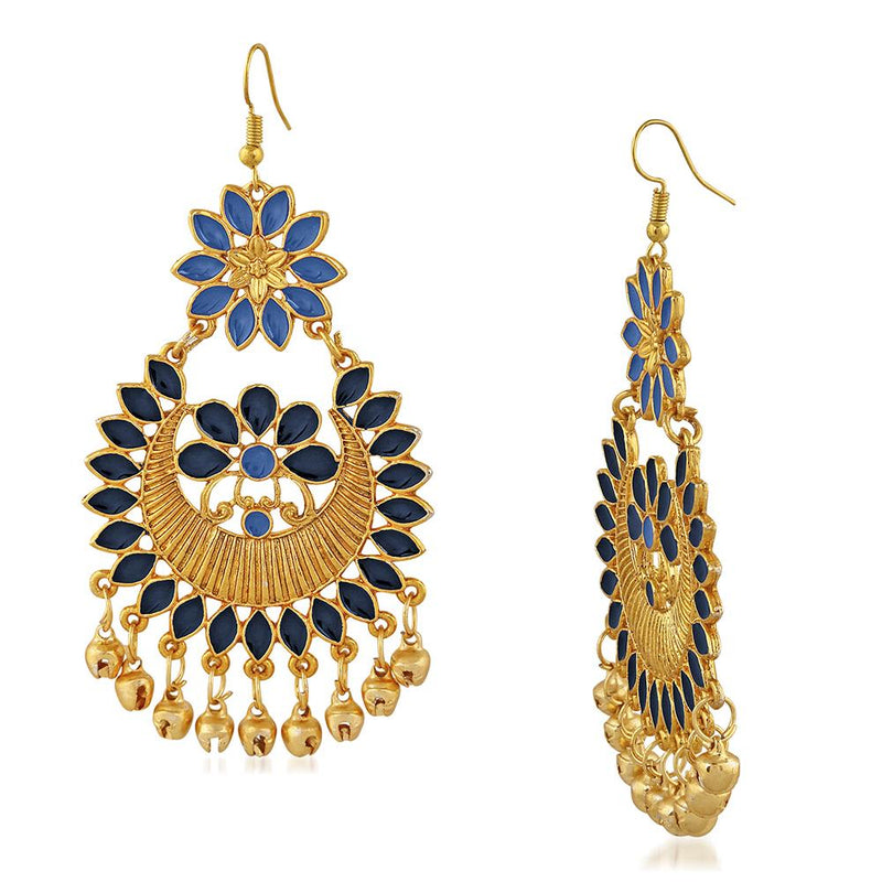 Mahi Blue Meenakari Work Floral Dangler Earrings with Ghungroo for Women(VECJ100217Blu)