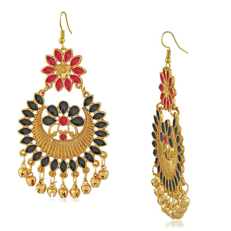 Mahi Red and Black Meenakari Work Floral Dangler Earrings with Ghungroo for Women(VECJ100217Red)