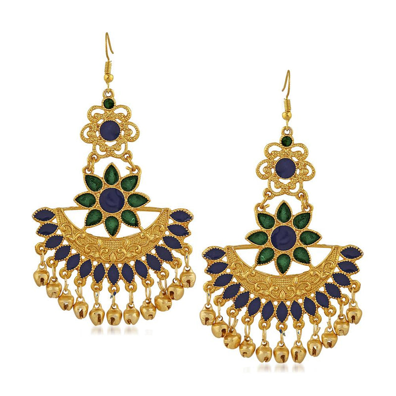 Mahi Green and Blue Meenakari Work Traditional Floral Dangler Earring with Ghuungroo for Women (VECJ100230Gre)