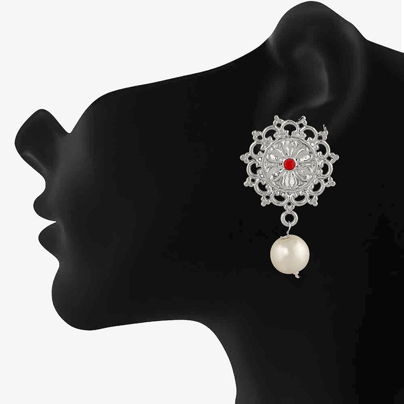 Mahi Red Kundan and Artificial Pearl Traditional Floral Dangler Earrings for Women (VECJ100235)