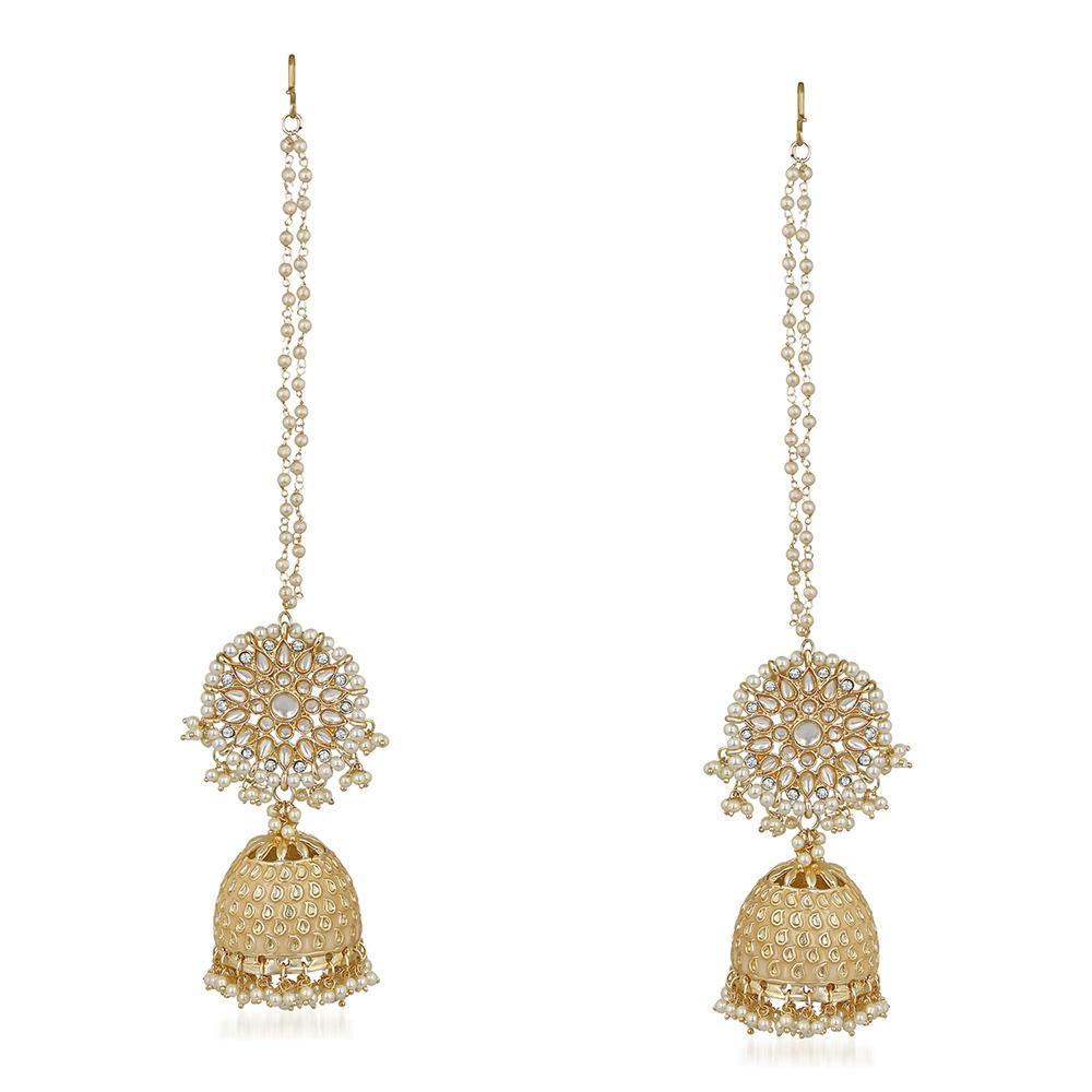 Mahi Rosegold Plated Traditional Long Chain Jhumki Earring with Kundan and Artificial Pearl for Women (VECJ100240)