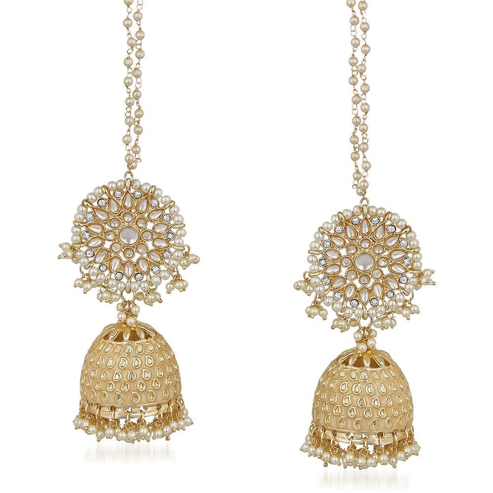 Mahi Rosegold Plated Traditional Long Chain Jhumki Earring with Kundan and Artificial Pearl for Women (VECJ100240)