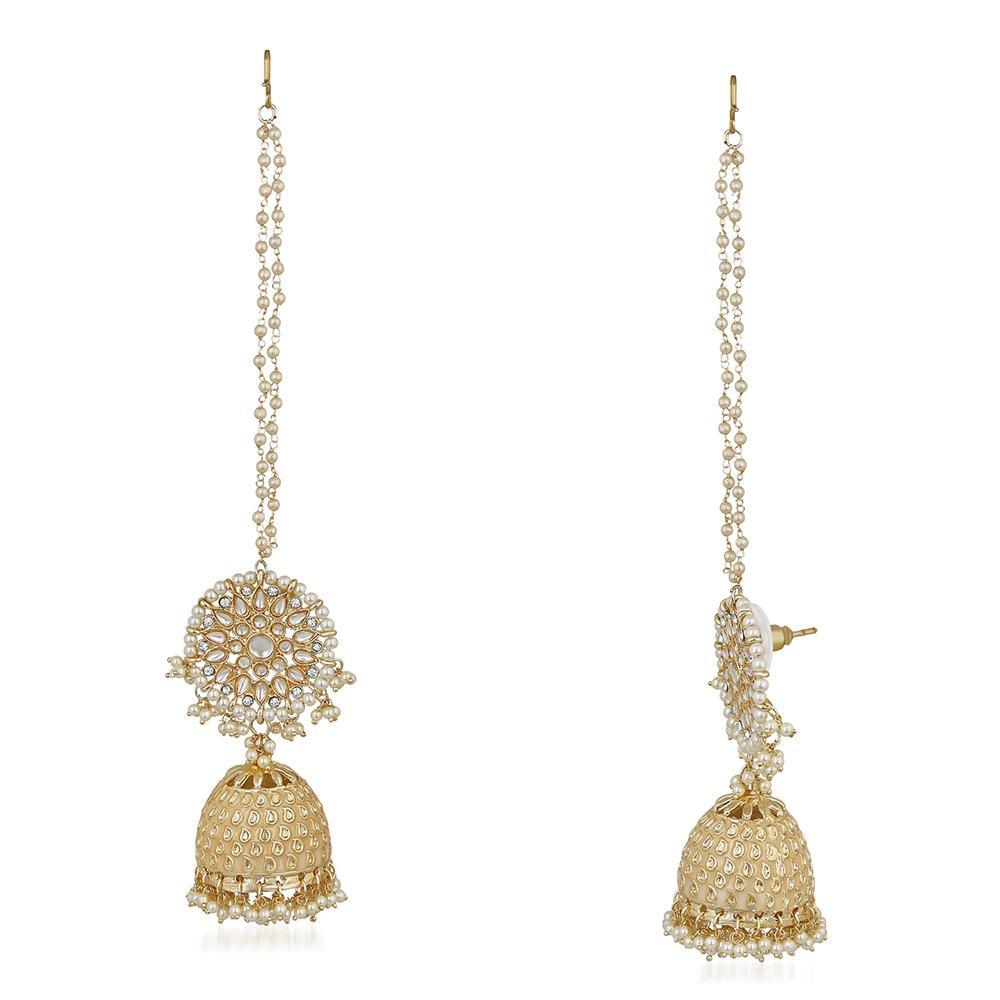 Mahi Rosegold Plated Traditional Long Chain Jhumki Earring with Kundan and Artificial Pearl for Women (VECJ100240)
