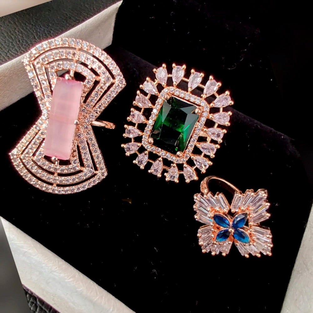 Vaamika Gold Plated Pack Of 3 Ad Stone Ring Combo