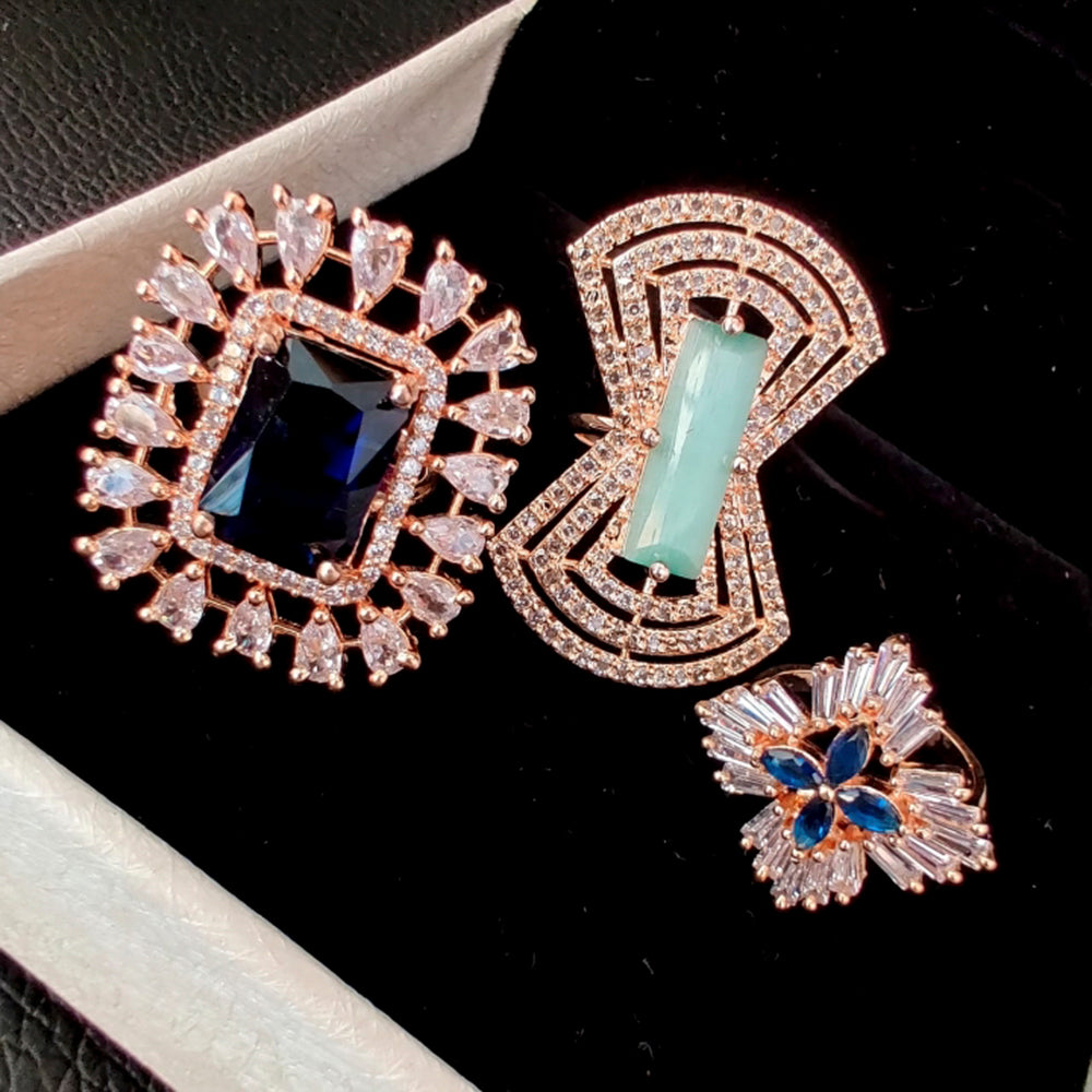 Vaamika Gold Plated Pack Of 3 Ad Stone Ring Combo