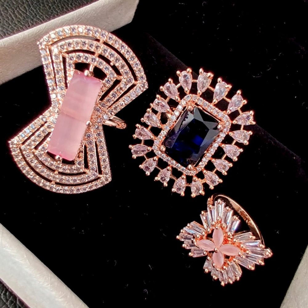 Vaamika Gold Plated Pack Of 3 Ad Stone Ring Combo