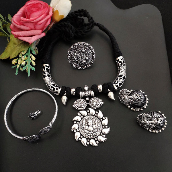 Vaamika Oxidized Plated Necklace Combo Set With Earrings, Finger Ring, Nosepin And Elegant Design Kada