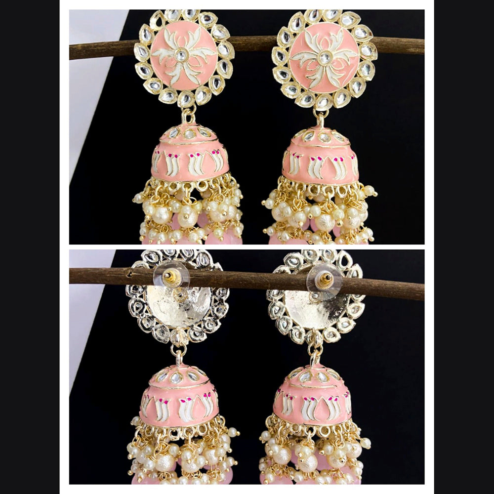 Vaamika Gold Plated Baby Pink Meenakari Jhumki Earrings