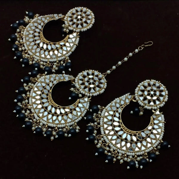 Vaamika Gold Plated Black Beads Mirror Earrings With Maang Tikka