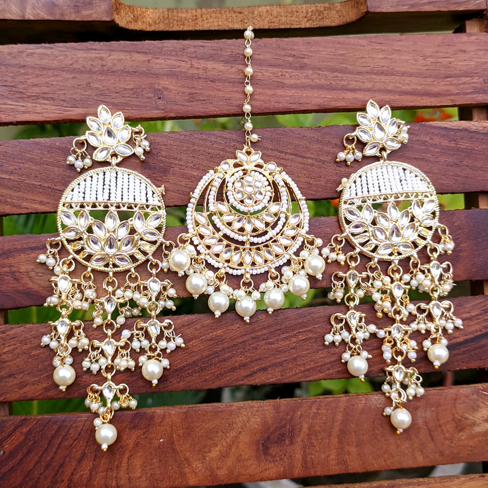 Vaamika Gold Plated Kundan Stone Dangler Earrings With Maang Tikka