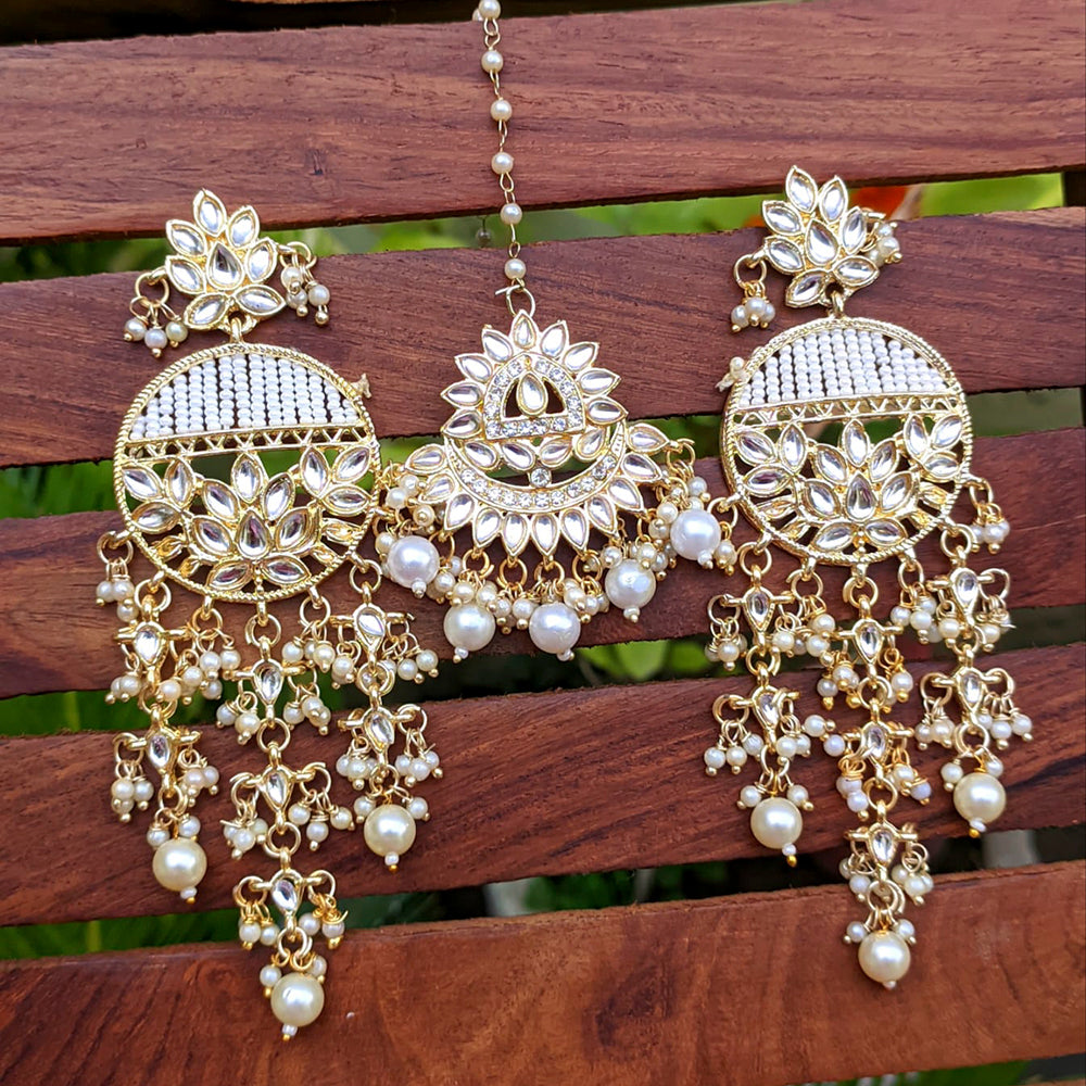Vaamika Gold Plated Kundan Stone Dangler Earrings With Maang Tikka