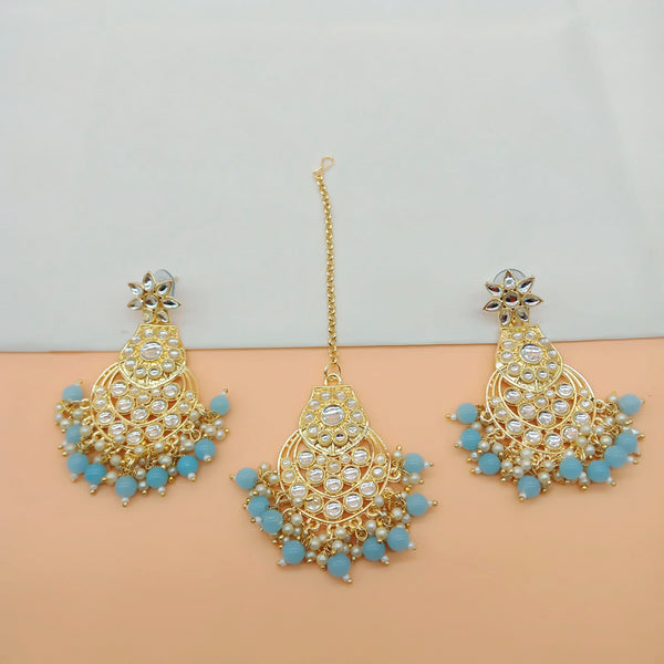 18k Gold Plated Latest Stylish Traditional Kundan Maang Tikka Earrings  Jewellery Set for Women