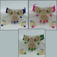 Vaamika Gold Plated Pack Of 3 Meenakari & Austrian And Kundan Stone Peacock Necklace Set ( assorted color)