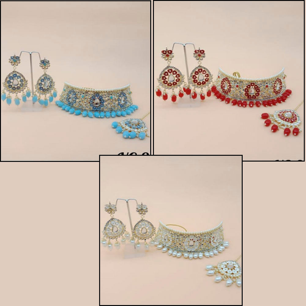 Vaamika Gold Plated Pack Of 3 Kundan Stone & Meenakari Necklace Set ( assorted color)