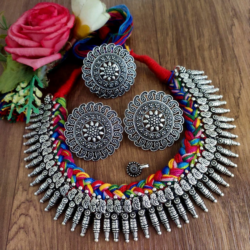 Vaamika Oxidised Plated Thread Necklace Set ( assorted color)