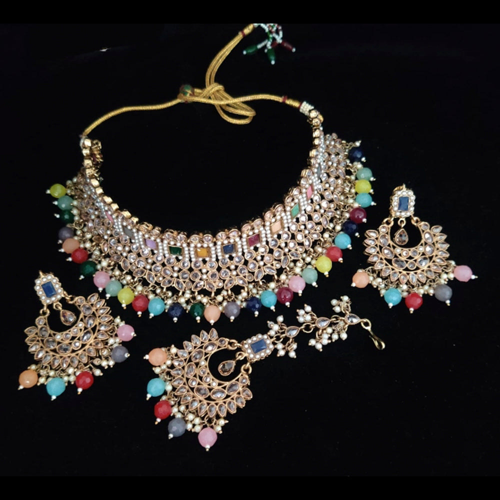 Vaamika Gold Plated Kundan Stone & Pearl Beads Necklace Set