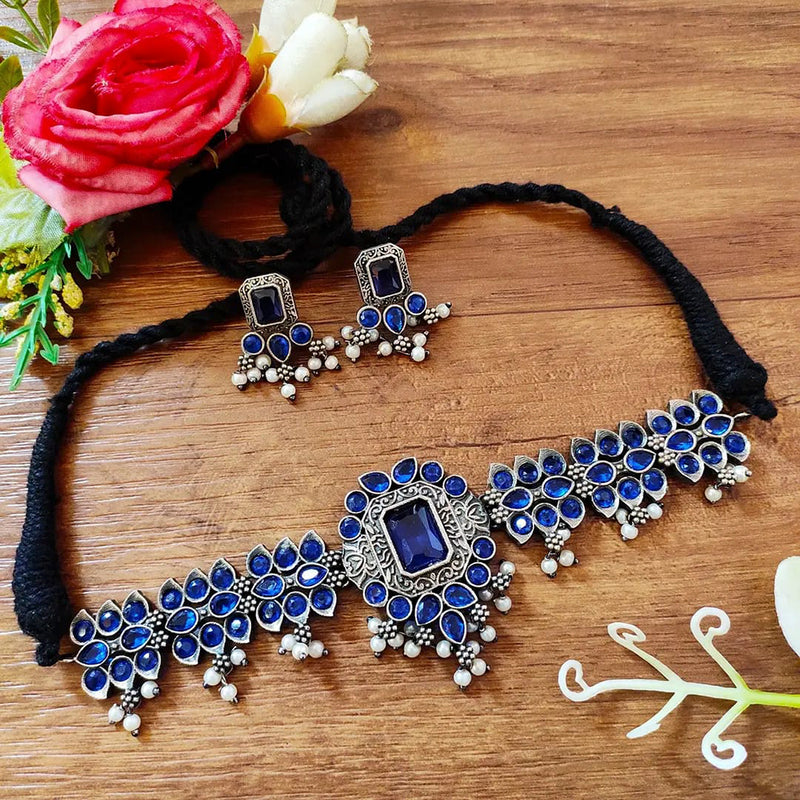 Vaamika Oxidized Plated Pota Stone & Beads Thread Necklace Set