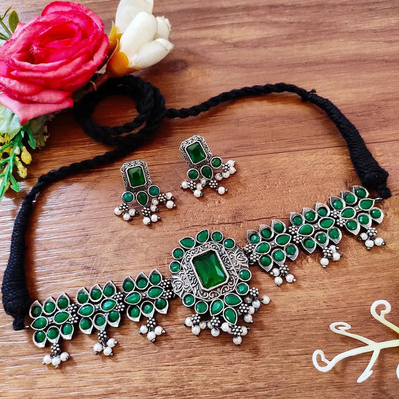 Vaamika Oxidized Plated Pota Stone & Beads Thread Necklace Set