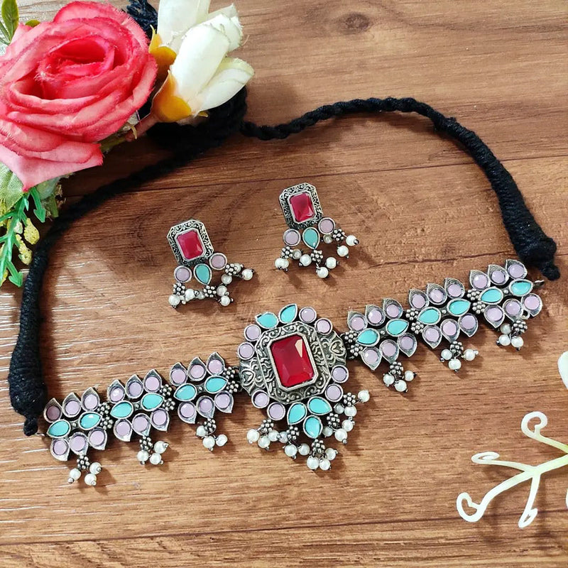 Vaamika Oxidized Plated Pota Stone & Beads Thread Necklace Set