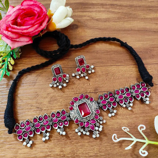 Vaamika Oxidized Plated Pota Stone & Beads Thread Necklace Set