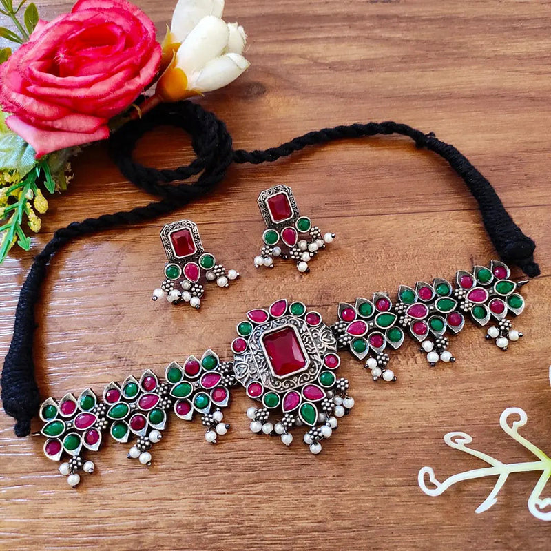 Vaamika Oxidized Plated Pota Stone & Beads Thread Necklace Set