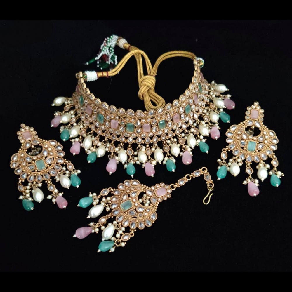 Vaamika Gold Plated Kundan Stone & Pearl Beads Necklace Set