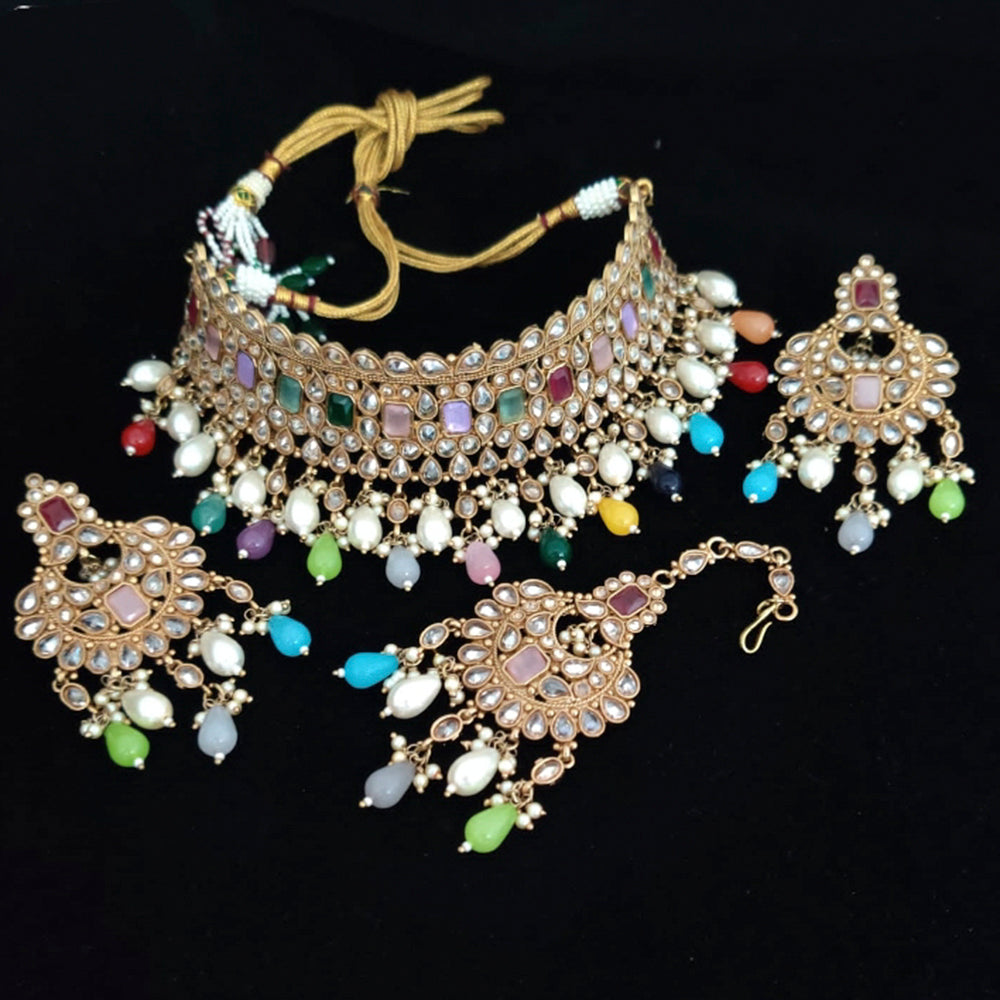 Vaamika Gold Plated Kundan Stone & Pearl Beads Necklace Set