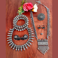 Vaamika Oxidized Plated Long & Choker Necklace Set With Nose Ring , Ring , Bangle , Toe Ring Combo