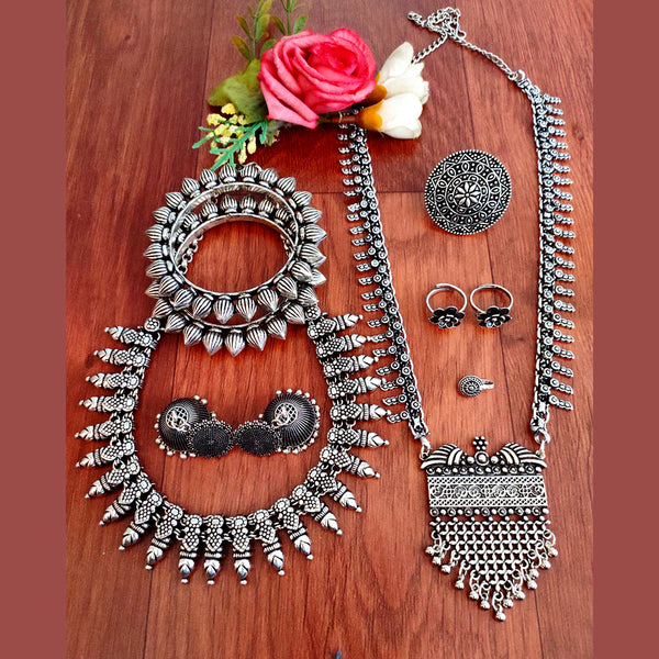 Vaamika Oxidized Plated Long & Choker Necklace Set With Nose Ring , Ring , Bangle , Toe Ring Combo