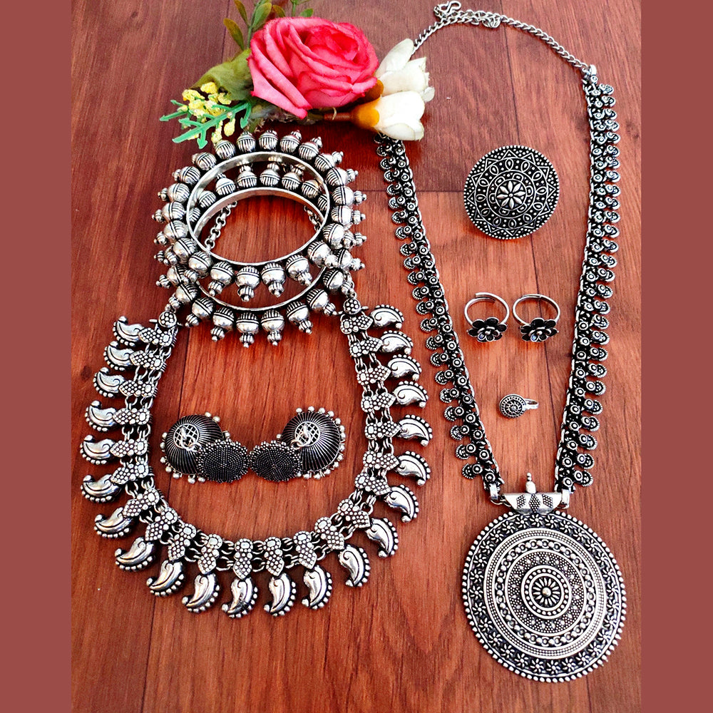 Vaamika Oxidized Plated Long & Choker Necklace Set With Nose Ring , Ring , Bangle , Toe Ring Combo