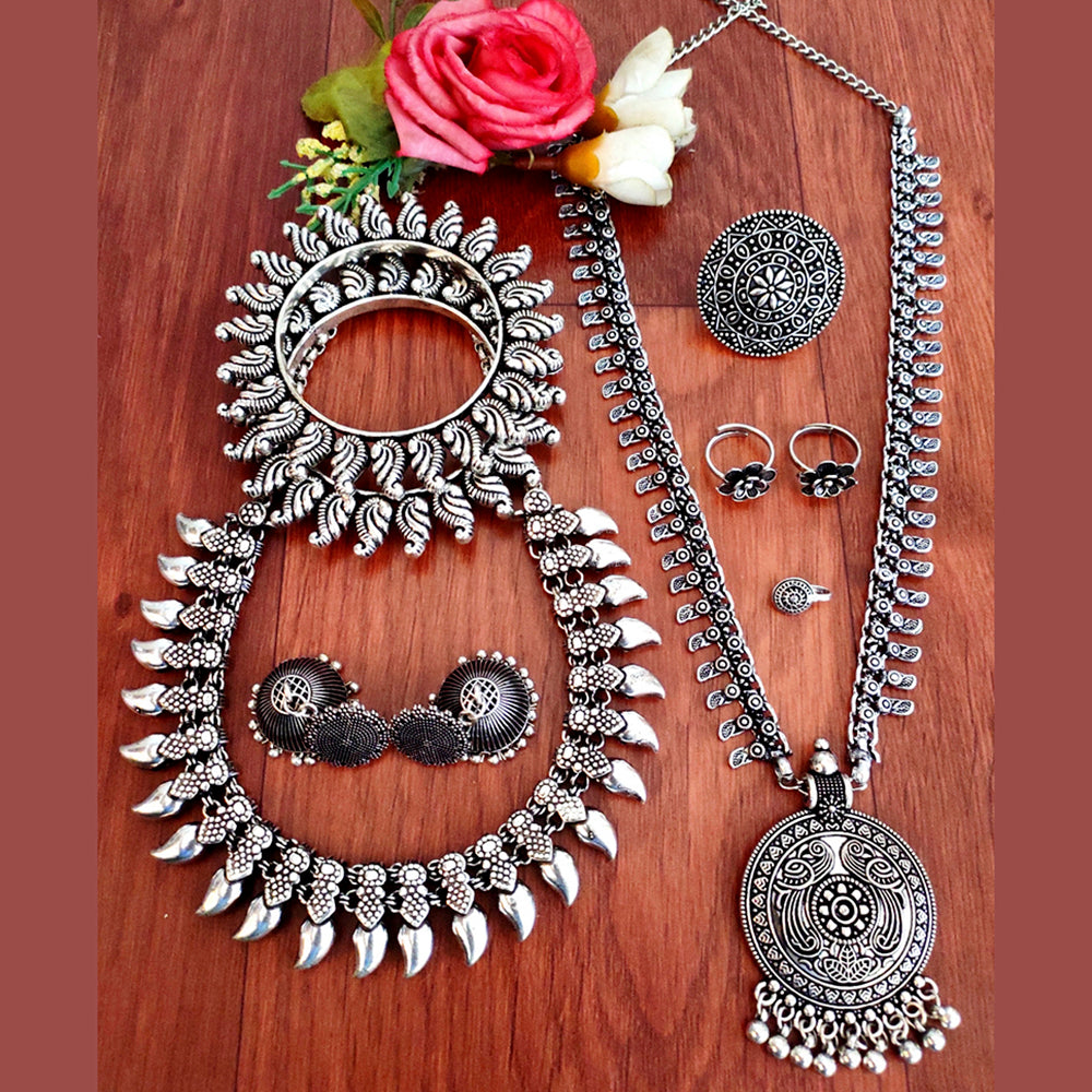 Vaamika Oxidized Plated Long & Choker Necklace Set With Nose Ring , Ring , Bangle , Toe Ring Combo