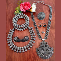 Vaamika Oxidized Plated Long & Choker Necklace Set With Nose Ring , Ring , Bangle , Toe Ring Combo