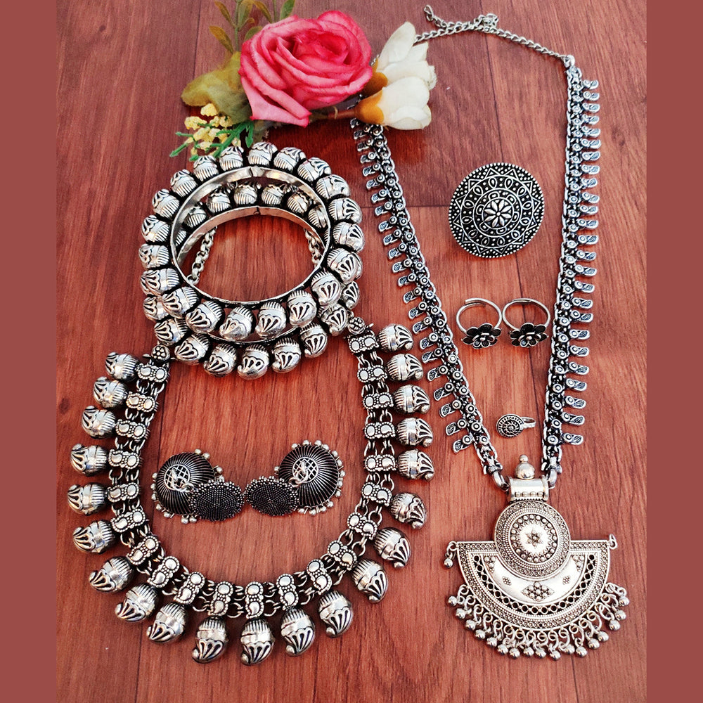 Vaamika Oxidized Plated Long & Choker Necklace Set With Nose Ring , Ring , Bangle , Toe Ring Combo