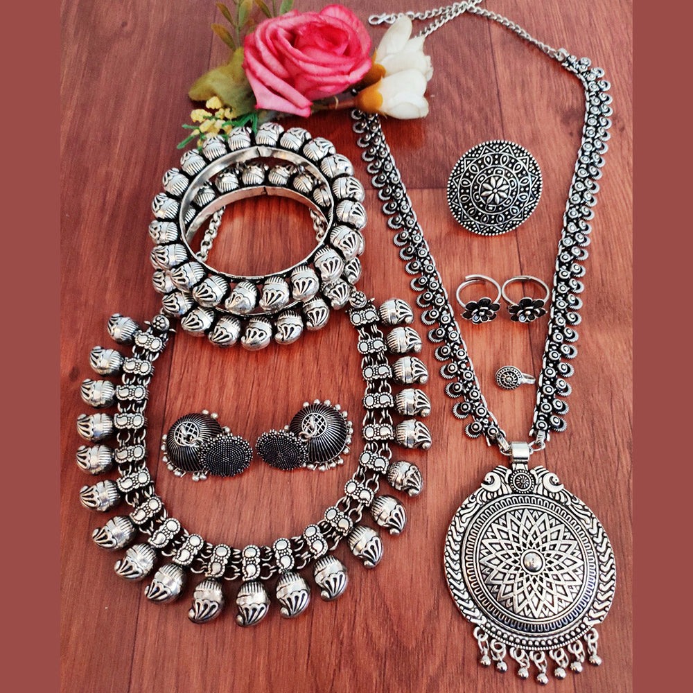 Vaamika Oxidized Plated Long & Choker Necklace Set With Nose Ring , Ring , Bangle , Toe Ring Combo