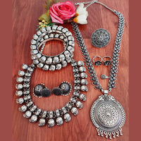 Vaamika Oxidized Plated Long & Choker Necklace Set With Nose Ring , Ring , Bangle , Toe Ring Combo