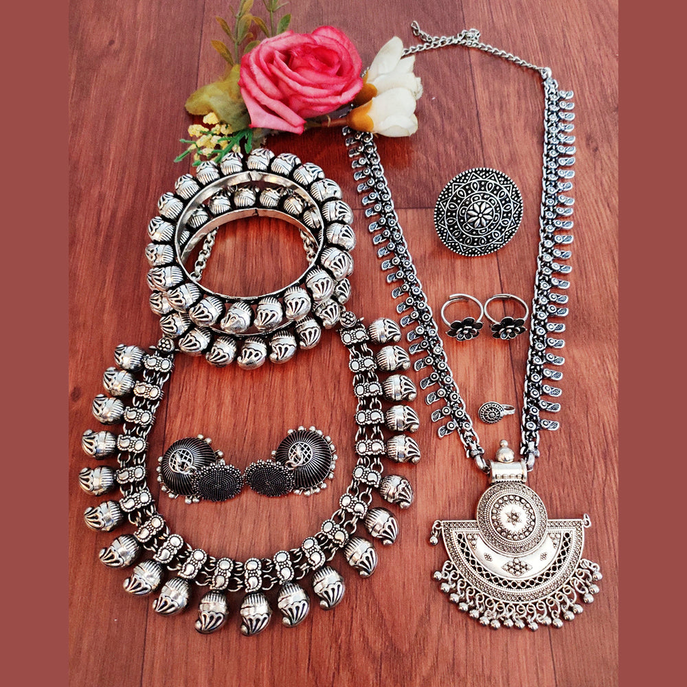 Vaamika Oxidized Plated Long & Choker Necklace Set With Nose Ring , Ring , Bangle , Toe Ring Combo