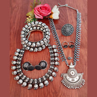 Vaamika Oxidized Plated Long & Choker Necklace Set With Nose Ring , Ring , Bangle , Toe Ring Combo