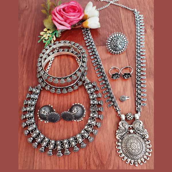 Vaamika Oxidized Plated Long & Choker Necklace Set With Nose Ring , Ring , Bangle , Toe Ring Combo