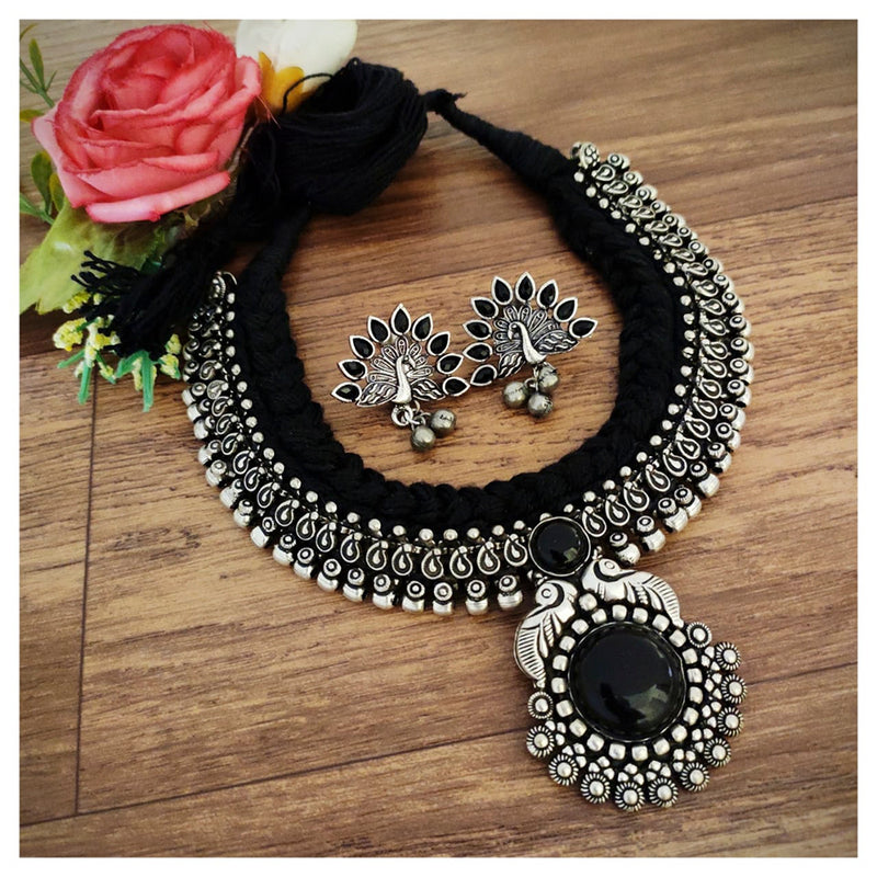 Vaamika Oxidized Plated Pota Stone Thread Necklace Set