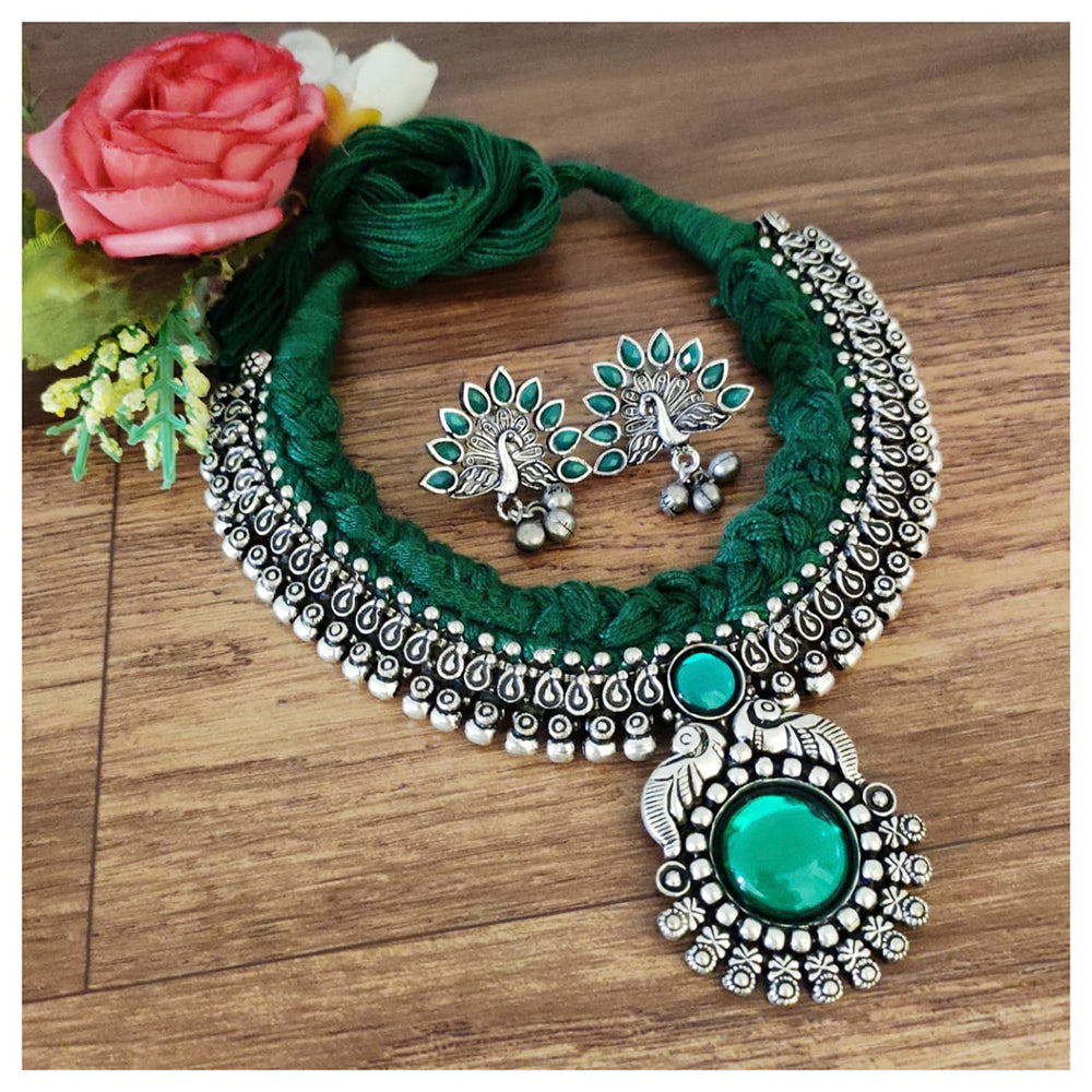 Vaamika Oxidized Plated Pota Stone Thread Necklace Set