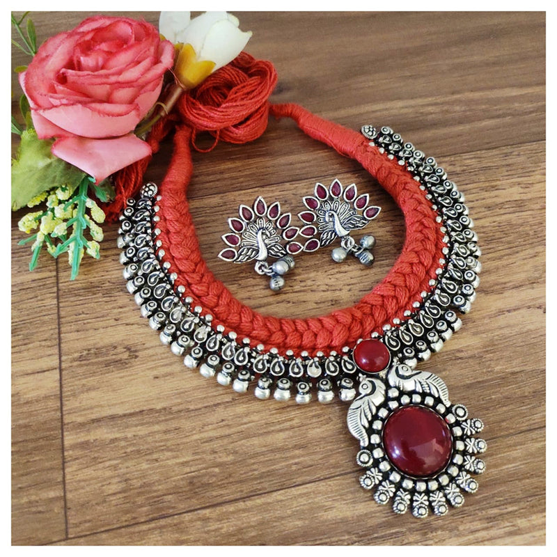 Vaamika Oxidized Plated Pota Stone Thread Necklace Set