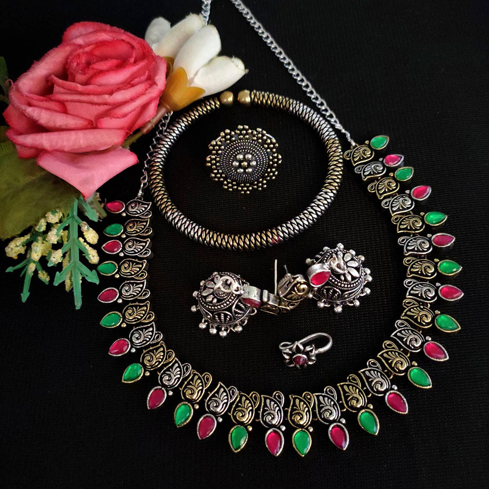 Vaamika Oxidized Plated Pota Stone Combo Set