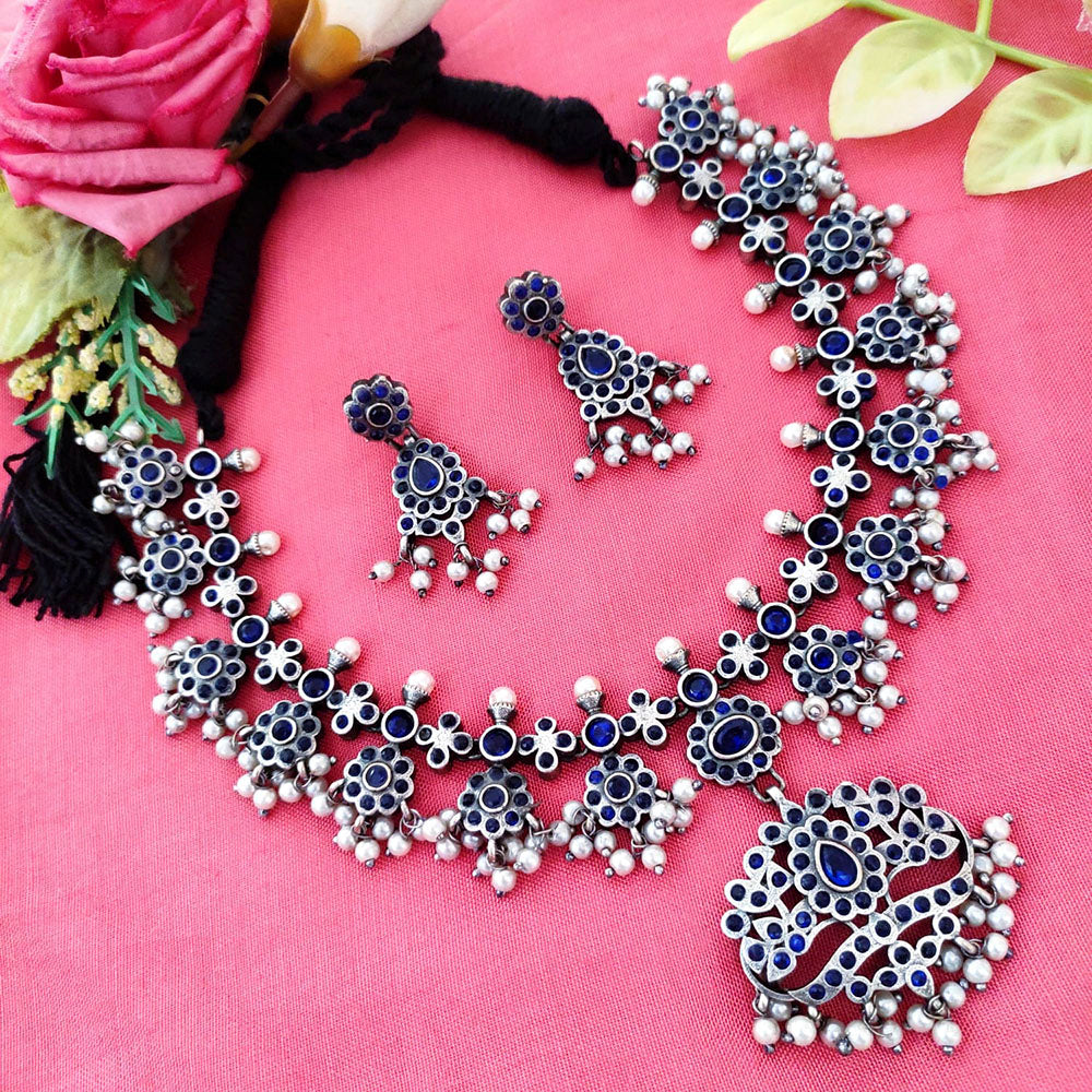 Vaamika Oxidized Plated Pota Stone Choker Necklace Set