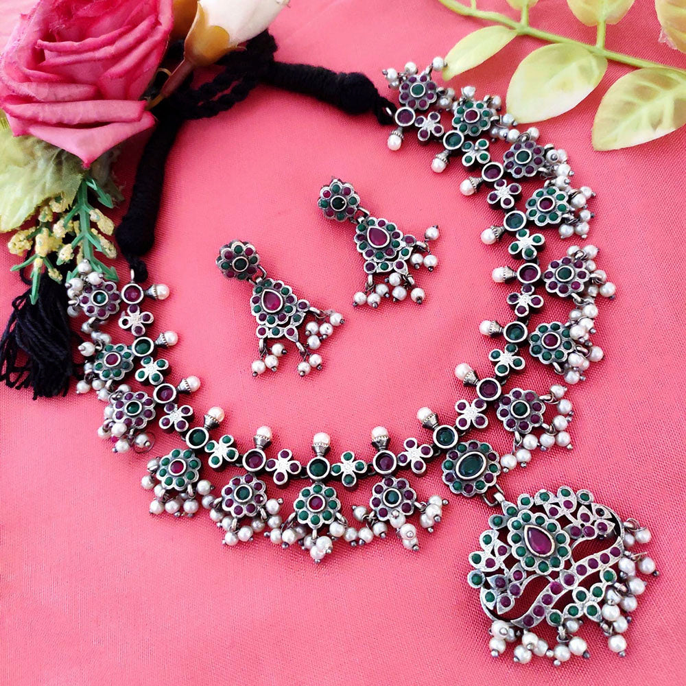 Vaamika Oxidized Plated Pota Stone Choker Necklace Set