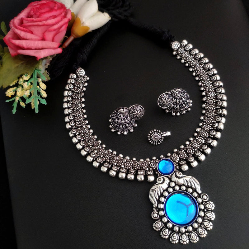 Vaamika Oxidized Plated Plated Beads Necklace Set With Nose Pin