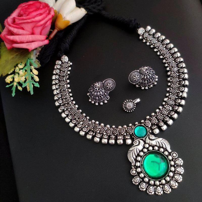 Vaamika Oxidized Plated Plated Beads Necklace Set With Nose Pin