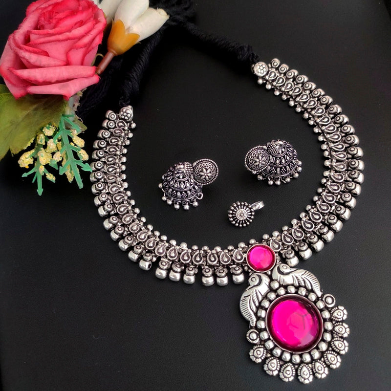 Vaamika Oxidized Plated Plated Beads Necklace Set With Nose Pin