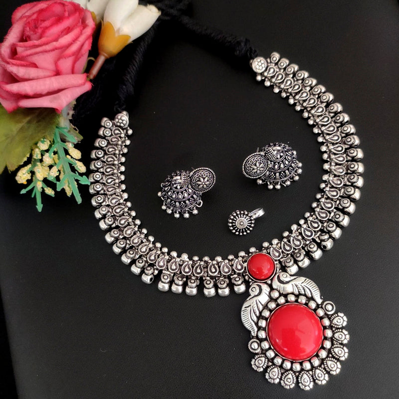 Vaamika Oxidized Plated Plated Beads Necklace Set With Nose Pin